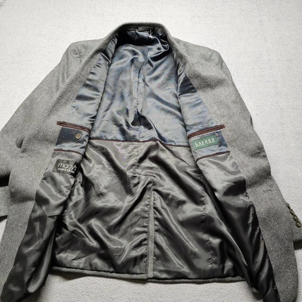 Lauren Ralph Lauren Blazer Jacket Mens 46R Gray Herringbone Vented Notch Lapel